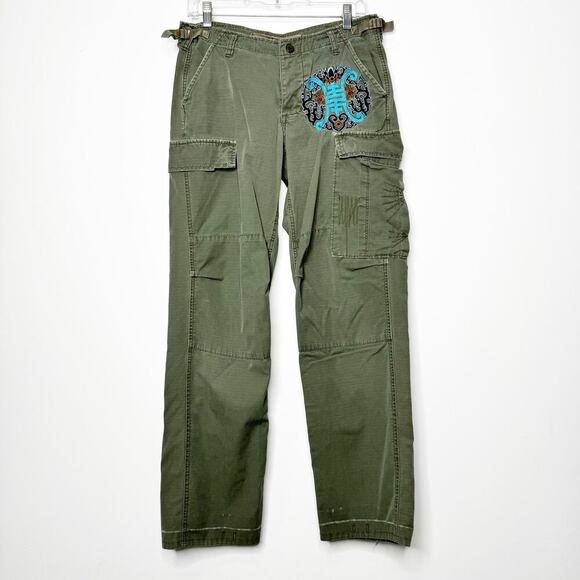 DA-NANG Cargo Dragon Floral Embroidered Pants Green Y2K Low Rise Small - Picture 1 of 11